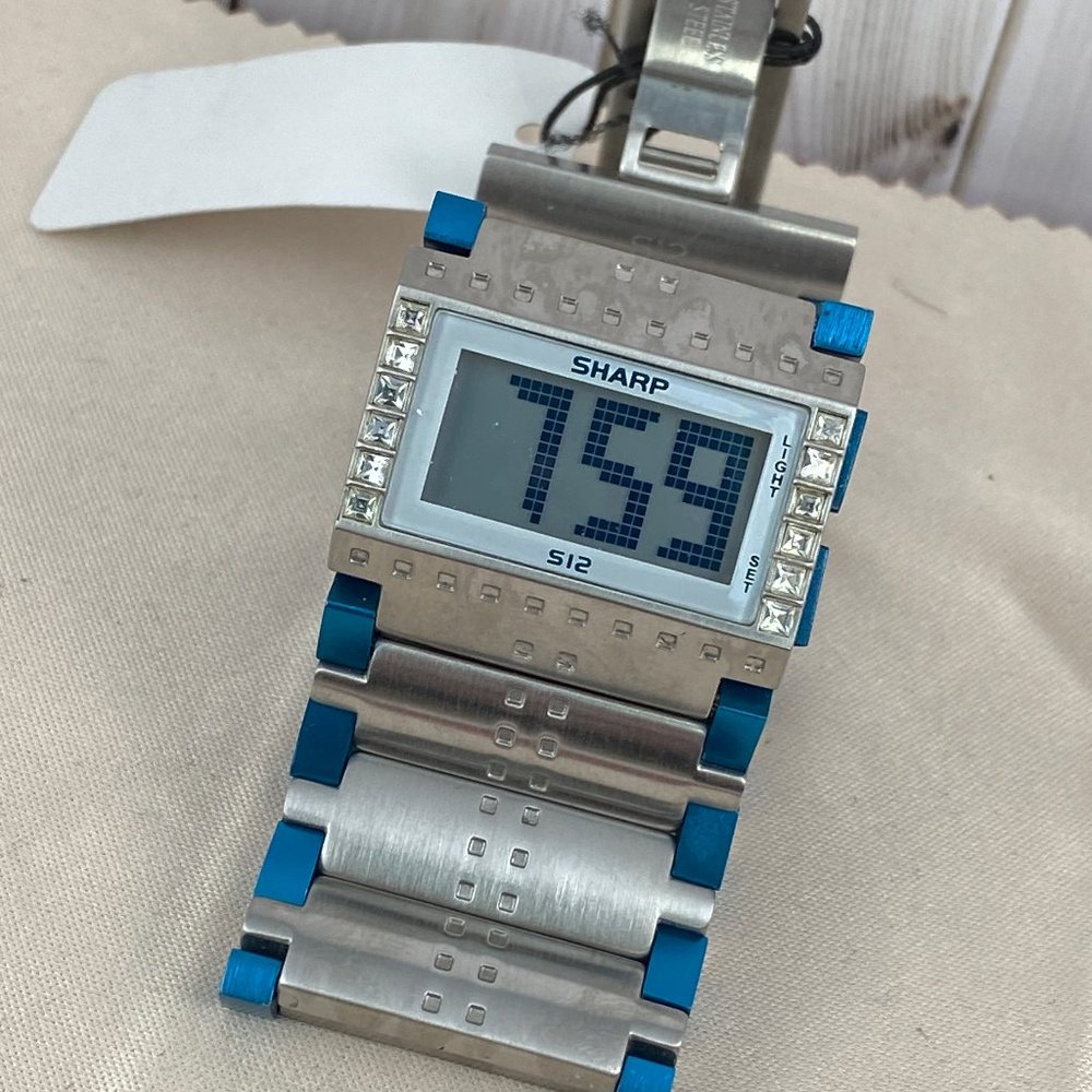 Sharp S12 Digital Men's Flick Watch Stainles Stell Blue Accents